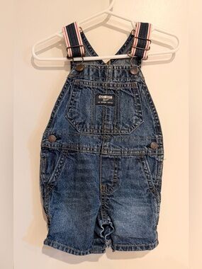 OshKosh B'gosh Blue Denim Shortalls / Overalls with Red-Striped Straps